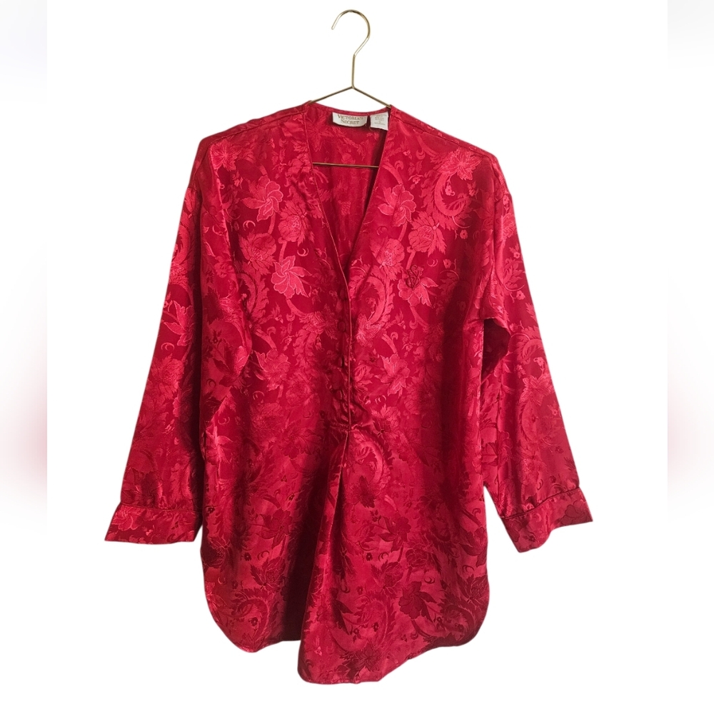 Vintage Victoria's Secret Gold Label Red Floral Night Shirt Size S